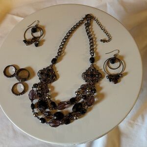 Elegant Multi-Strand Brown and Gunmetal Necklace Set